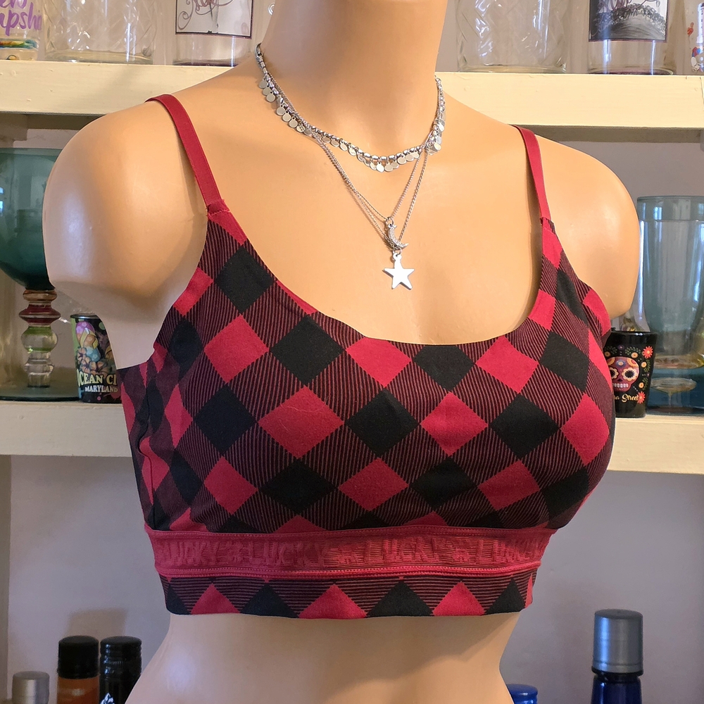 Lucky Brand Bralette Large Red Black Plaid Removable Pads Included Stretchy EUC
